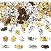 PH PandaHall 180Pcs 9 Style Handmade Charms Tibetan Style Alloy Charms Handmade Tags Pendant Metal Pendant Oval Flower Shaped Pendant for DIY Craft Bracelet Necklace Keychains Earrings Jewelry Making