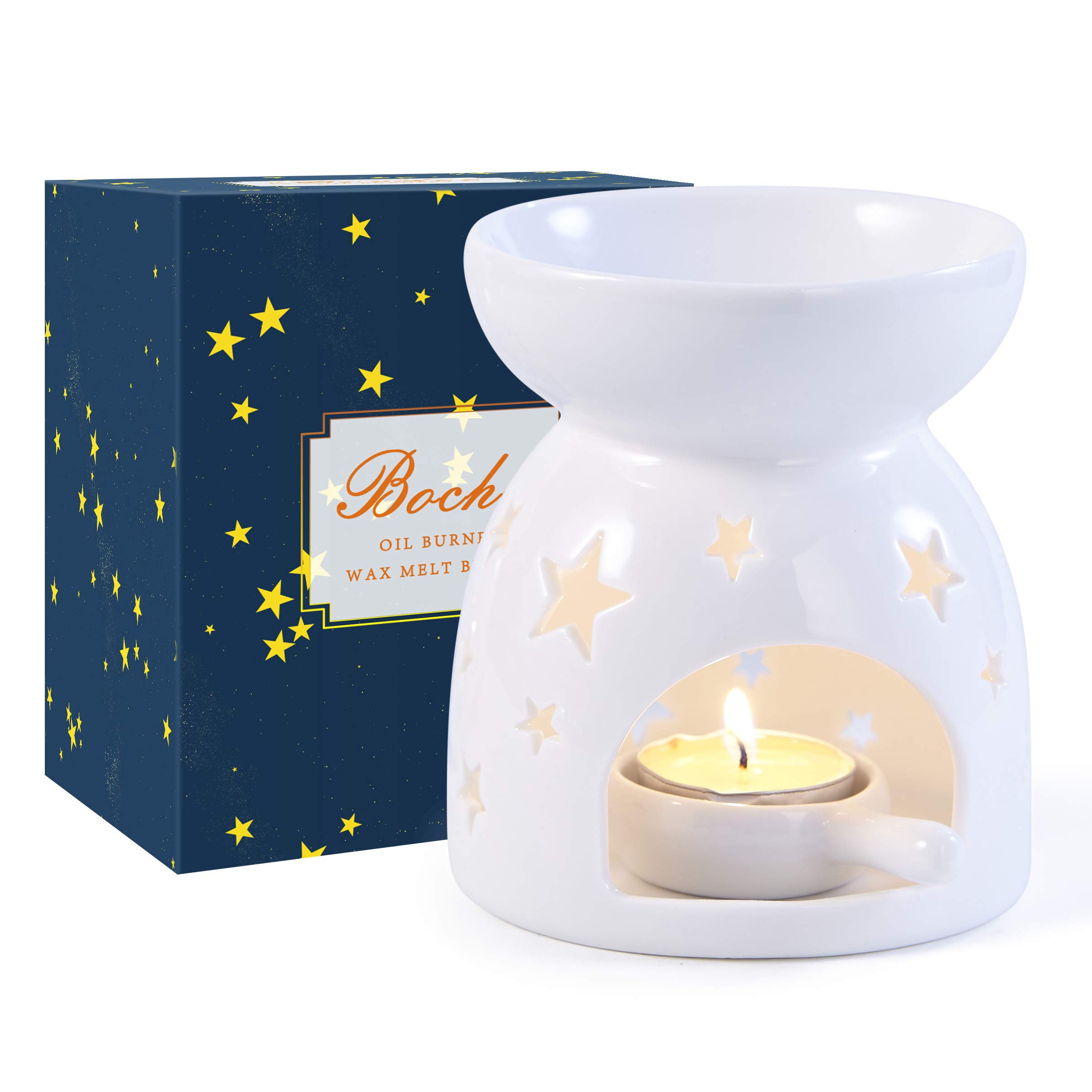 Bochee Wax Melt Burner Essential Oil Burner with Gift Box - Star Pattern, Aromatherapy Aroma Burner Ceramic Tealight Candle Holder for Home Decor Meditation Gift