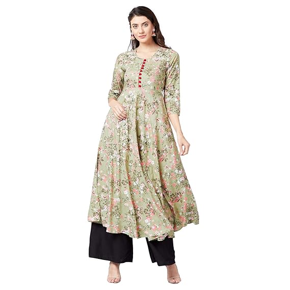 Women Sage Green & Baby Pink Floral Printed A-Line Kurta