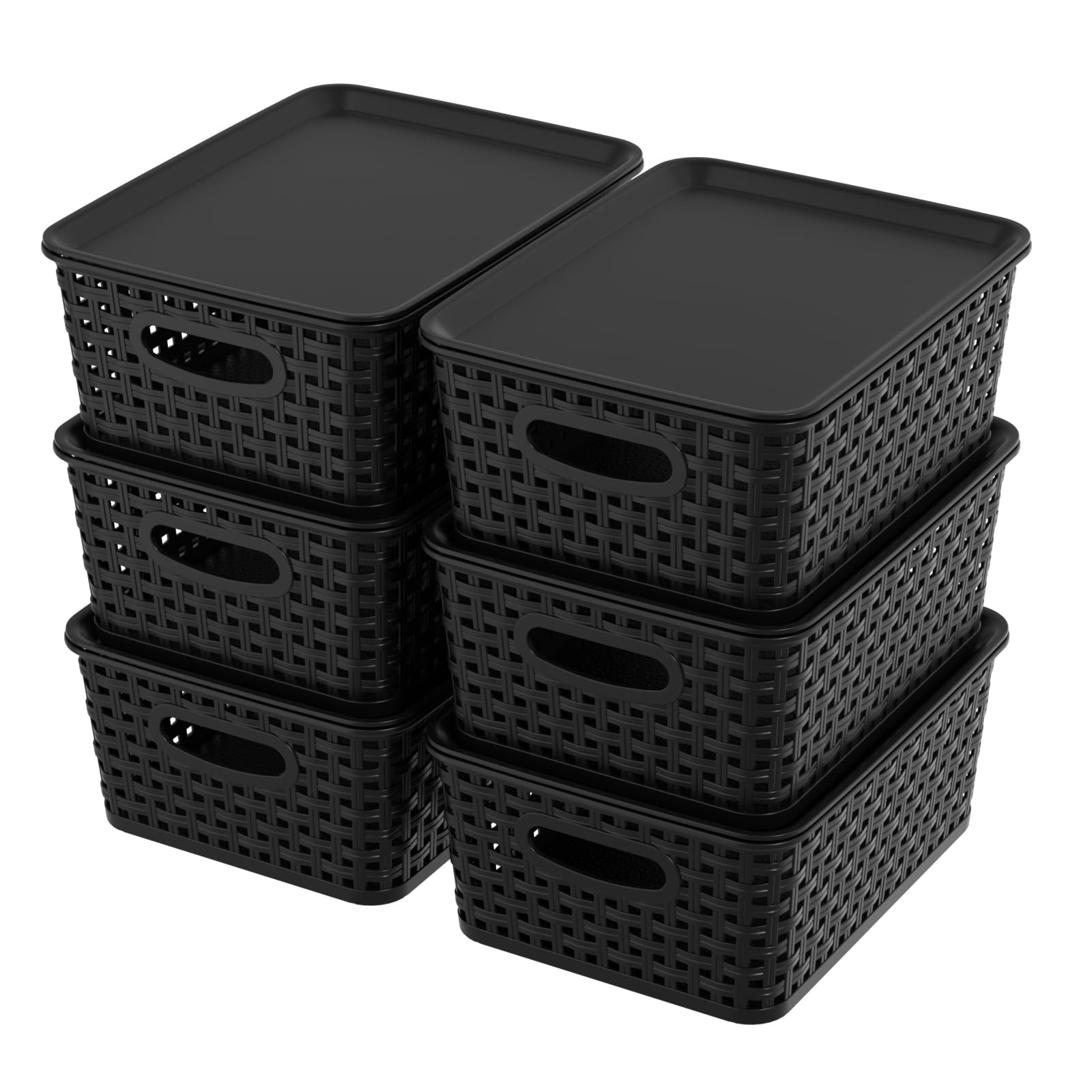 Ikando Set of 6 Pack Plastic Storage Baskets with Lid, Small Stackable Containers Bins Boxes for Kitchen Bathroom Playroom Desktop Closet Classroom Office, Black