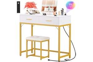 Cyclysio Vanity Desk with Charging Station, White Makeup Vanity with Lighted Mirror, Tri-Fold, Small Vanity Set with Drawers & 3 Outlets & 2 USB, 36'' Vanitys with Stool, Dressing Table, White Gold