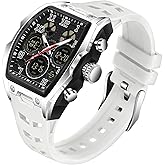 Mens Watches for Men Unique Rectangle Watches Military Digital Analog Sports Outdoor Watch White Wristwatch with Alarm,Stopwatch,Countdown,Hourly Chime,Luminous and Waterproof Multi-Function Watch