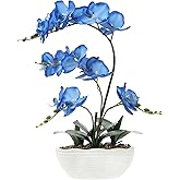 GreenHouzz 19" H Phalaenopsis Faux Orchid Plant Silk Orchid Centerpiece Artificial Floral Arrangement in Ceramic Pot (Blue)
