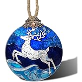 AMDERVEN Stained Glass Christmas Decorations, White Elk Suncatcher for Window Christmas Tree Hanging Ornaments Sika Deer Blue Sun Catcher Xmas Decor Gifts for Women Men Mom Nana Friend