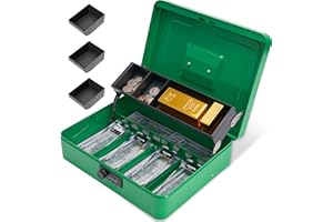 Polspag Cash Box with Combination Lock, Metal Money Box with Cash Tray, Lock Safe Box, 4 Bill/5 Coin Slots, 11.8L x 9.5W x 3.5H Inches, Green