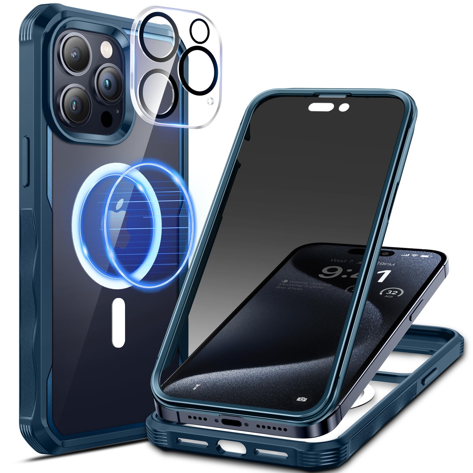 seacosmo Magnetic iPhone 15 Pro Max Case with Privacy Screen Protector and Camera Lens Protector, Full Body Shockproof Protective Phone Case Compatible with MagSafe for iPhone 15 Pro Max - Blue — image 1