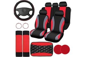 Sinmoe 17 Pcs Car Seat Covers Full Set, Steering Wheel Cover Center Console Pad Armrest Cover Seat Safety Belt Pad Seatbelt Covers Cup Mats Car Emblem Ring Sticker Accessories Set(Black, Red)