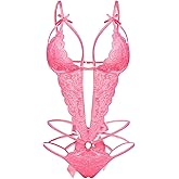 Donnalla Women's Deep V Lace Teddy One Piece Lingerie Cutout Strappy Lingerie