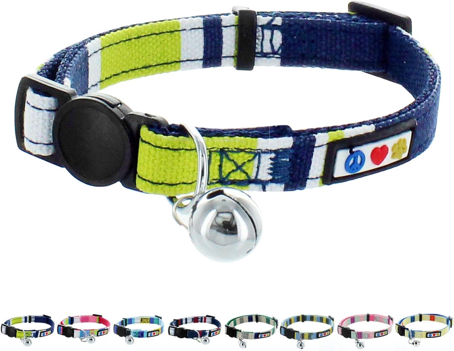PawtitasPawtitas Pet Multicolor Cat Collar with Safety Buckle and Removable Bell Cat Collar Kitten Collar Green/White/Blue Cat Collar