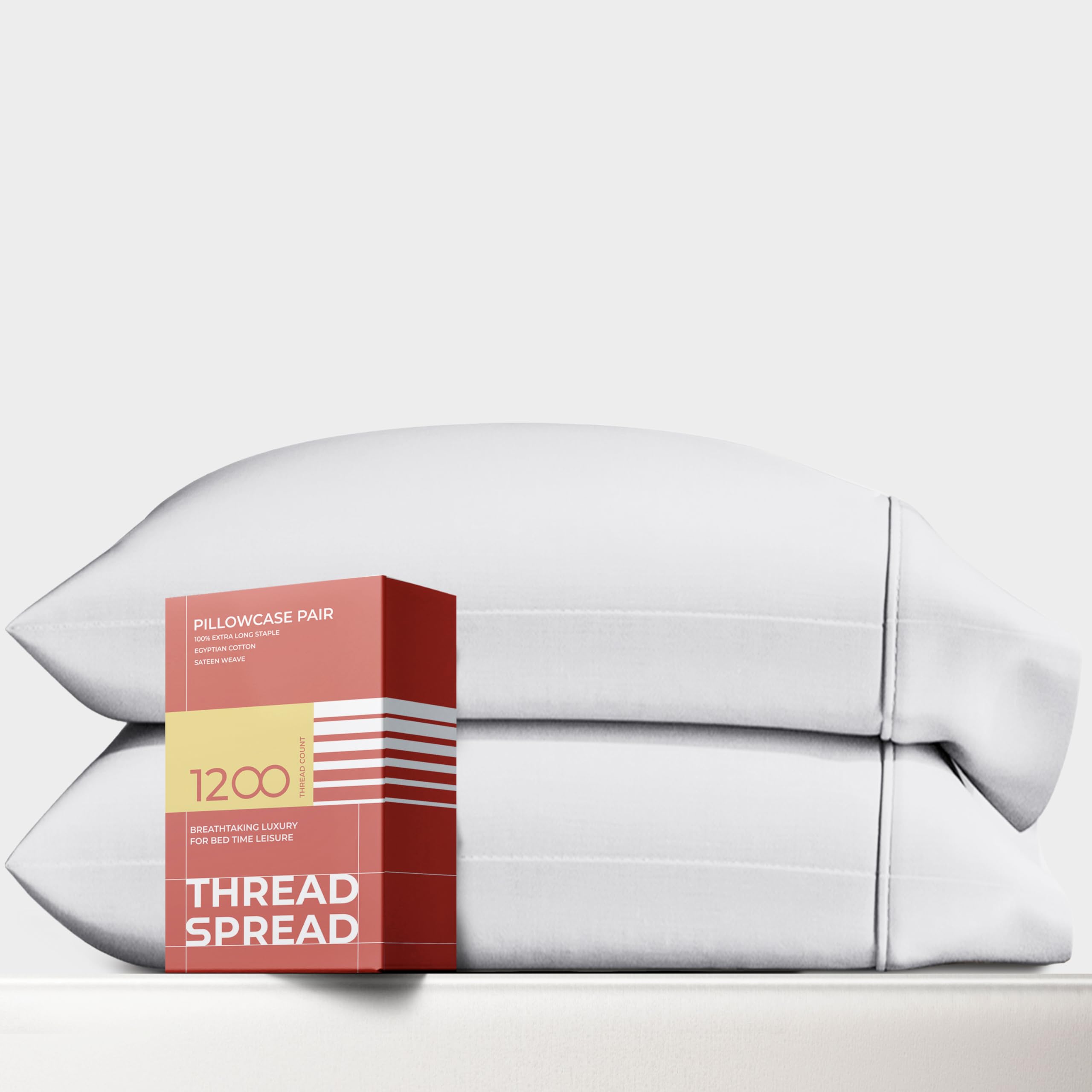 Photo 1 of Thread Spread 100% Egyptian Cotton Pillow Cases Standard/Queen Size Set of 2 - Luxury 1200 Thread Count Sateen White Pillow Cases, Silky Soft Cotton Pillowcases Fits Standard & Queen Size Pillows