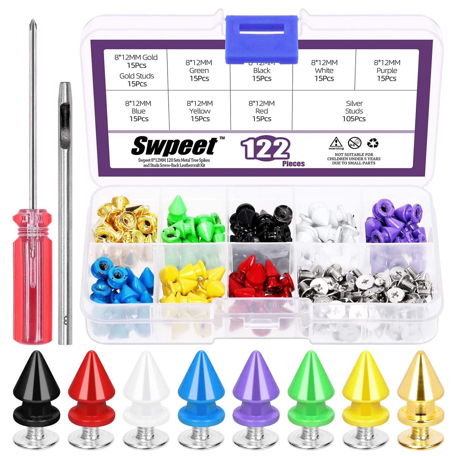 Swpeet 120 Sets 12mm Metal Spikes and Studs Metallic Screw-Back Kit with Hole Punch and Screwdriver, Cone Spikes Screwback Studs Rivets for DIY Leathercraft Punk Style Clothing Accessories