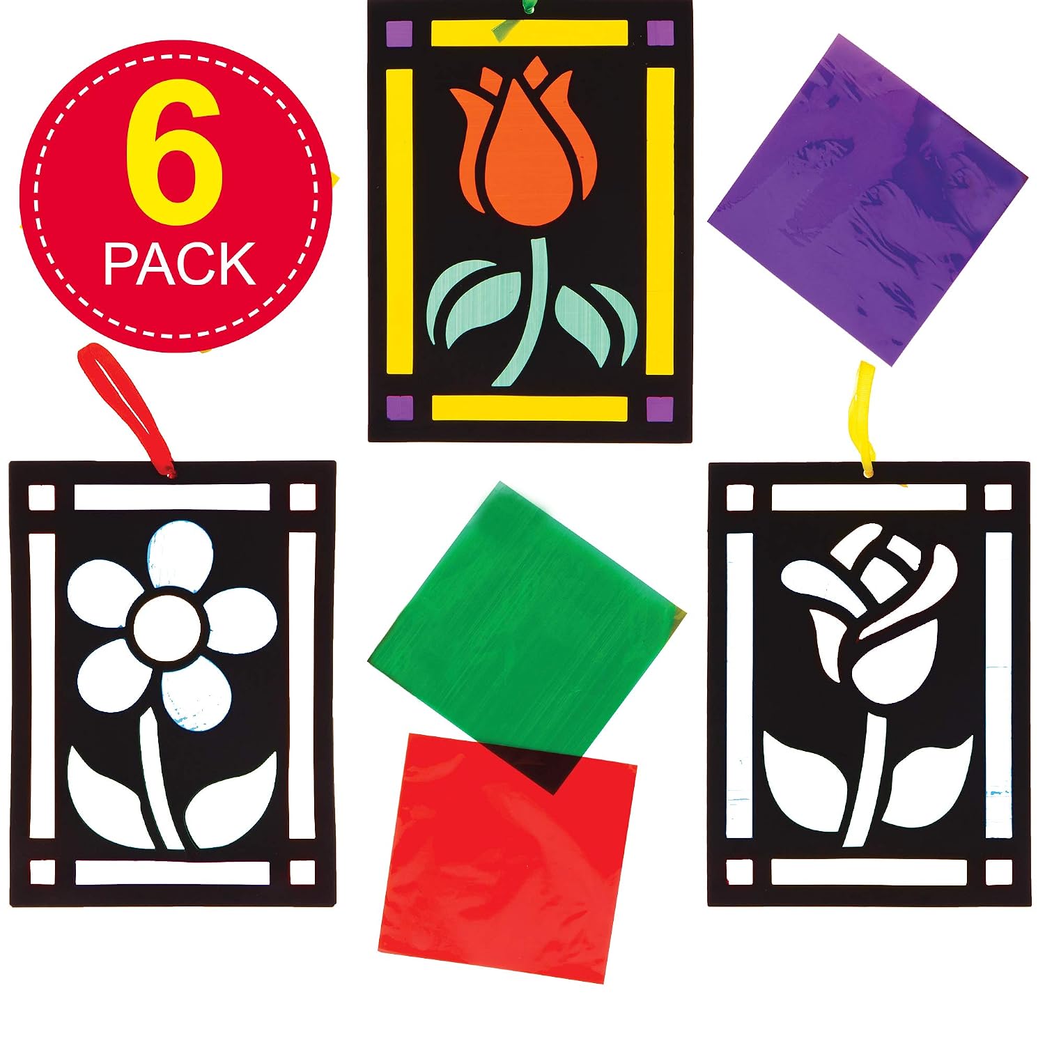 Baker Ross Flower Stained Glass Decorations - Pack of 6, Stained Glass Arts and Crafts, Craft For Kids (AT389) - Image 3