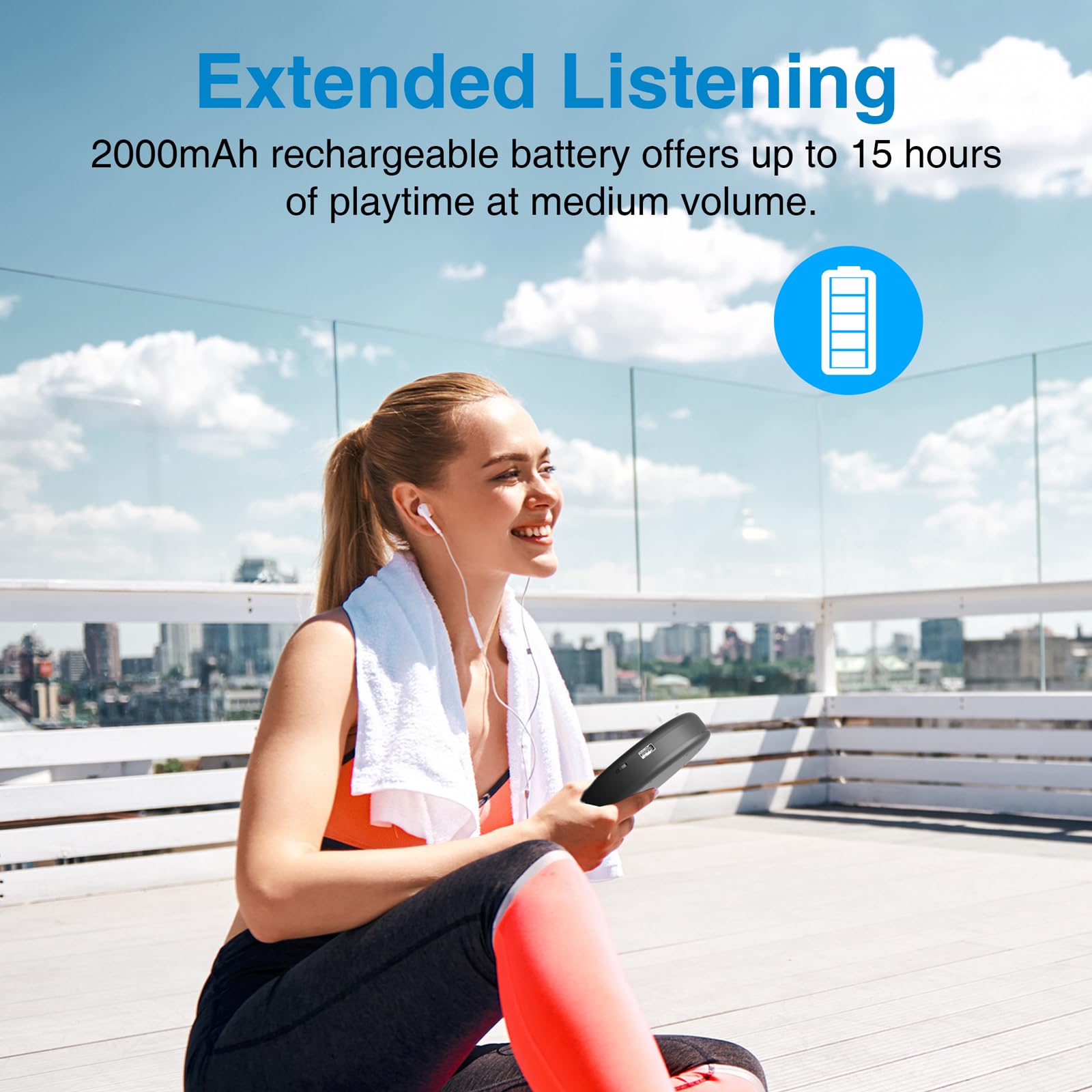 MEGATEK CP27BR Portable CD Player Bluetooth for Car with FM Transmitter, USB, AUX, LCD Display, Anti-Skip, Stereo Speakers, Headphones & Rechargeable Battery – Black