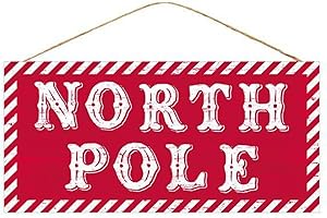 Craig Bachman 12.5" North Pole Wooden Sign For Christmas Decor, Wall or Door Hanger, Wreaths, DIY Crafts, and Decorations - Red, White, Candy Cane Stripe Border