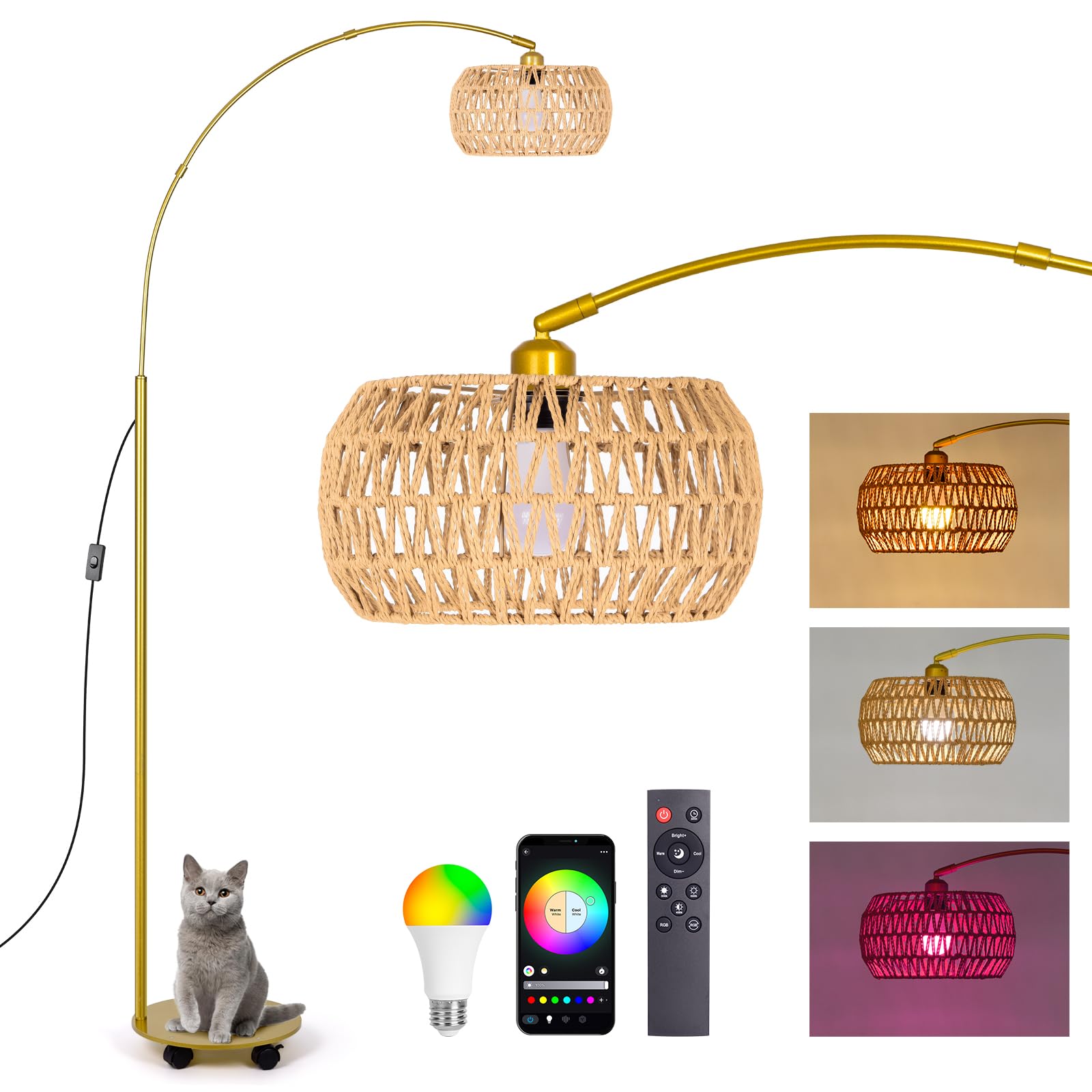 Photo 1 of JingleChoo RGB Arc Floor Lamp with 3 Color Temperatures, Dimmable Rattan Boho Standing Lamp, APP and Remote Control, Modern Tall Lamp for Reading, Living Room, Bedroom, Office, Gold