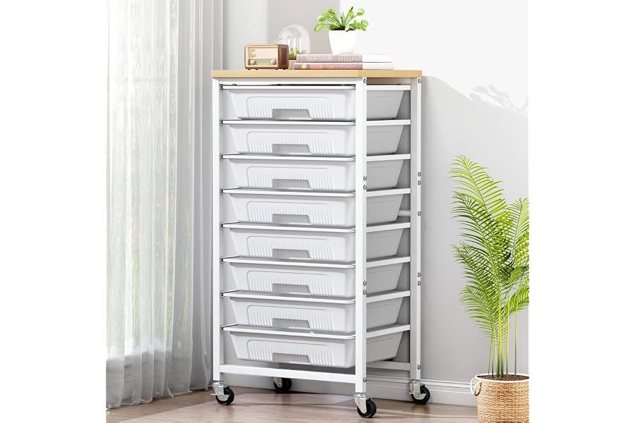 caktraie 8-Drawers Rolling Cart, Craft Storage Utility Cart, White layer | with Mobile Drawers, Wooden Tabletop and Lockable Wheels, for Classroom, Office, Living Room & Bedroom