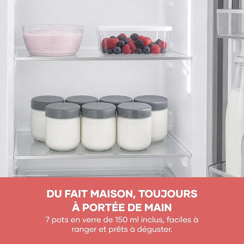 Yaourtière pratique et compacte, Machine à yaourt maison 13 W, Yaourtière électrique et 7 pots de yaourt en verre de 150 ml avec couvercle, garanti sans BPA, anthracite, JG 3510