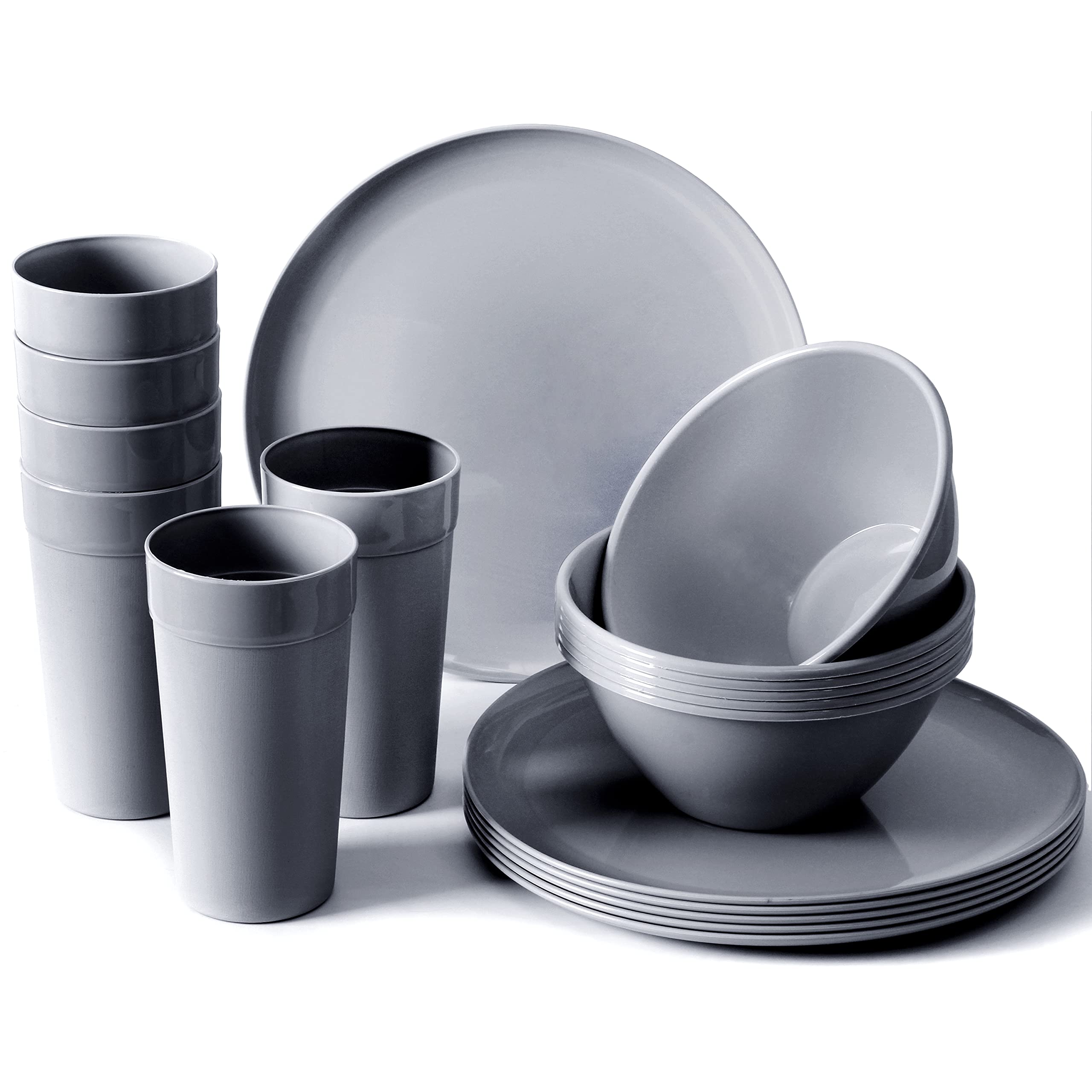 Youngever 18 Piece Re-usable Plastic Kitchen Dinnerware Set, Plates, Dishes, Bowls, Cups, Service for 6 (Dark Grey)