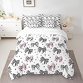 Manfei 7 Pieces Bowknot Comforter Set Queen Size, Black Pink Bow Print Bedding Set for Kids Girls Women Bedroom Decor, Cute Bow Tie Print 7pcs Bed in a Bag with Comforter, Sheets and Pillow Cases