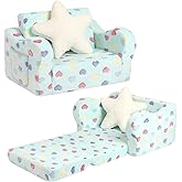 MOMCAYWEX Toddler Couch, 2-in-1 Kids Soft Couch Fold Out with Star Pillow, Foldable Sofa to Lounger, Medium, Colorful Heart