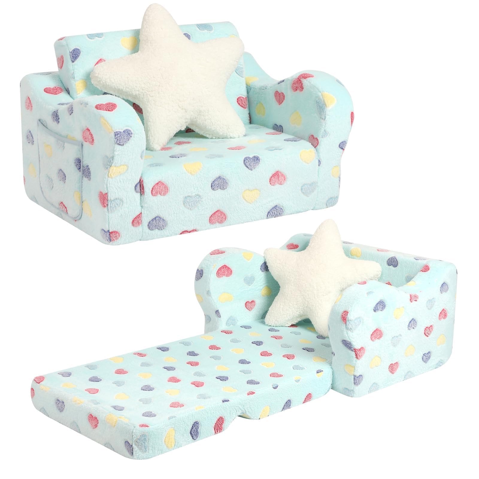 MOMCAYWEX Toddler Couch, 2-in-1 Kids Soft Couch Fold Out with Star Pillow, Foldable Sofa to Lounger, Medium, Colorful Heart Image