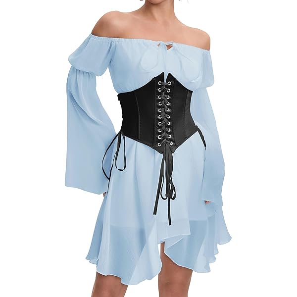 Amazon.com: Sunidol Womens Two Piece Outfits Corset Dress Off Shoulder Bell  Sleeve Lace Up Satin Corset Coloblock Party Bustier Dress Beige S:  Clothing, Shoes & Jewelry