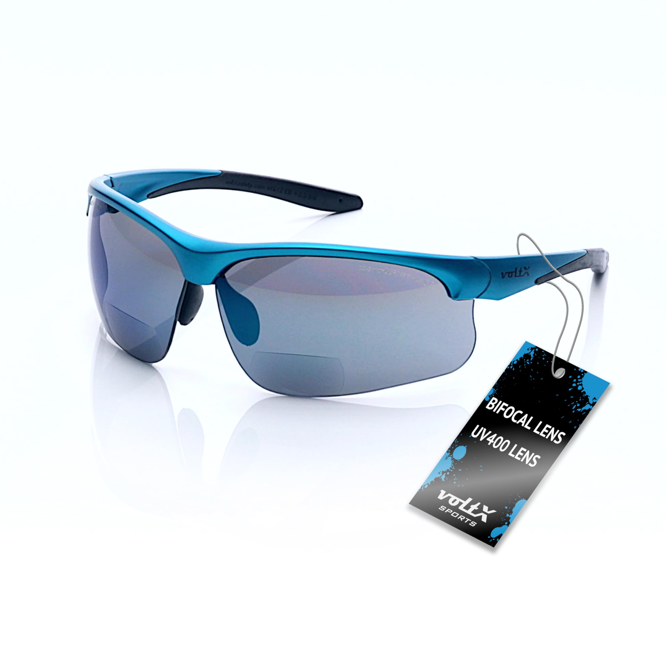 voltX 'ULTIMATE SPORTS' Bifocal Safety Glasses (Blue Frame, Blue Mirror Lens +2.0 Dioptre) - Anti Fog Coated UV400 lens - Adjustable nosepiece - Microfibre Carry Bag