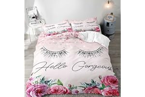 LUVIVIHOME 3PCS Hello Gorgeous Duvet Cover Queen, Botanical Peony Floral Duvet Cover, Girls Bedding, Diamond Unicorn Eyelash Pink Comforter Quilt Cover Bedroom Decor for Women Teen Girls 2 Pillowcases