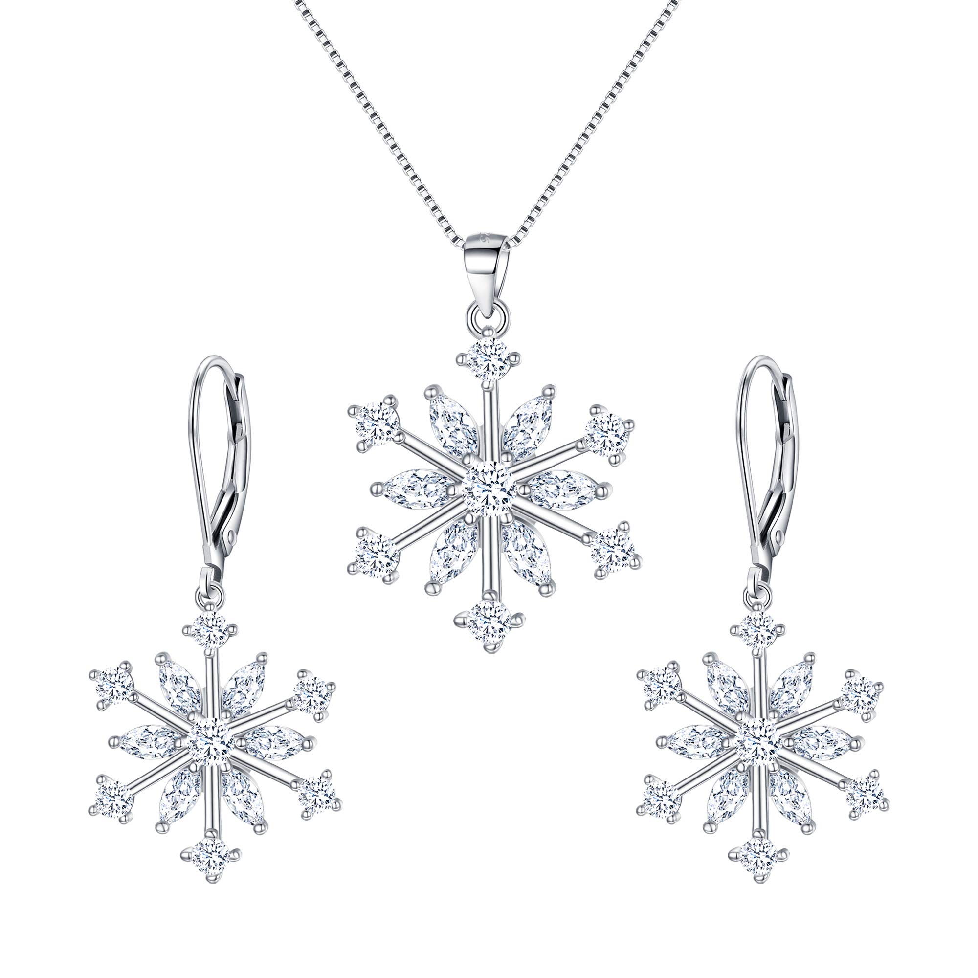 Ever Faith Snowflake Jewerly Sets Sterling Silver Winter Accessory Sparkle White Zircon Flower Necklace Leverback Earrings Set