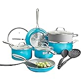 GOTHAM STEEL 15 Pc Ceramic Cookware Set, Ceramic Pots and Pans Set Non Stick with Cooking Utensils and Steamer, Non Toxic PFOA PFOS Free, Premium Stay Cool Handles, Oven & Dishwasher Safe, Blue