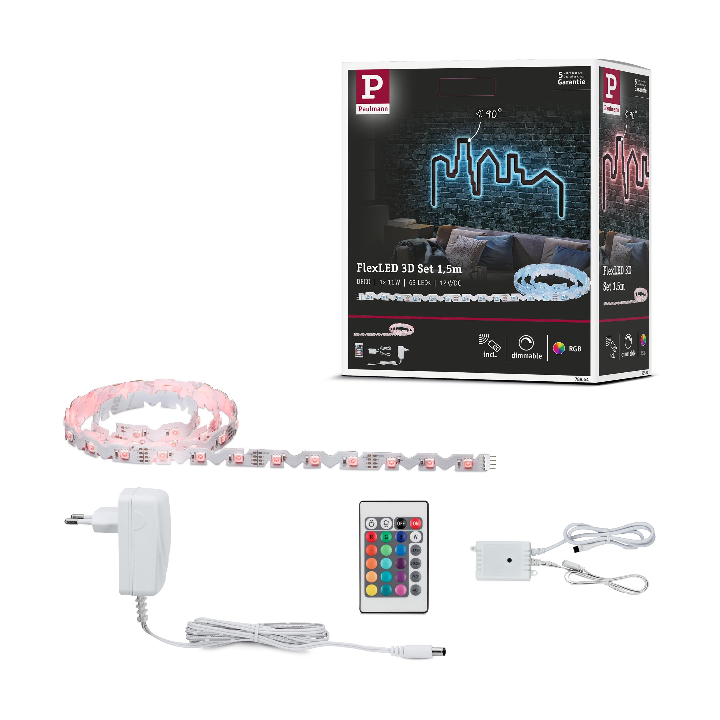 Paulmann 78964 LED Strip FlexLED 3D Basic Set 1.5m RGB incl. 1x11 watt dimmable Lighting Strip White Light Strip Plastic LED Strip