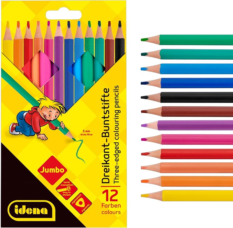 90273 - Jumbo Buntstifte mit 5 mm Dicker Mine in 12 Farben, 3 Packungen mit je 12 Stück holzfreien Farbstiften in ergonomischer Dreiecksform, verpackt im Kartonetui