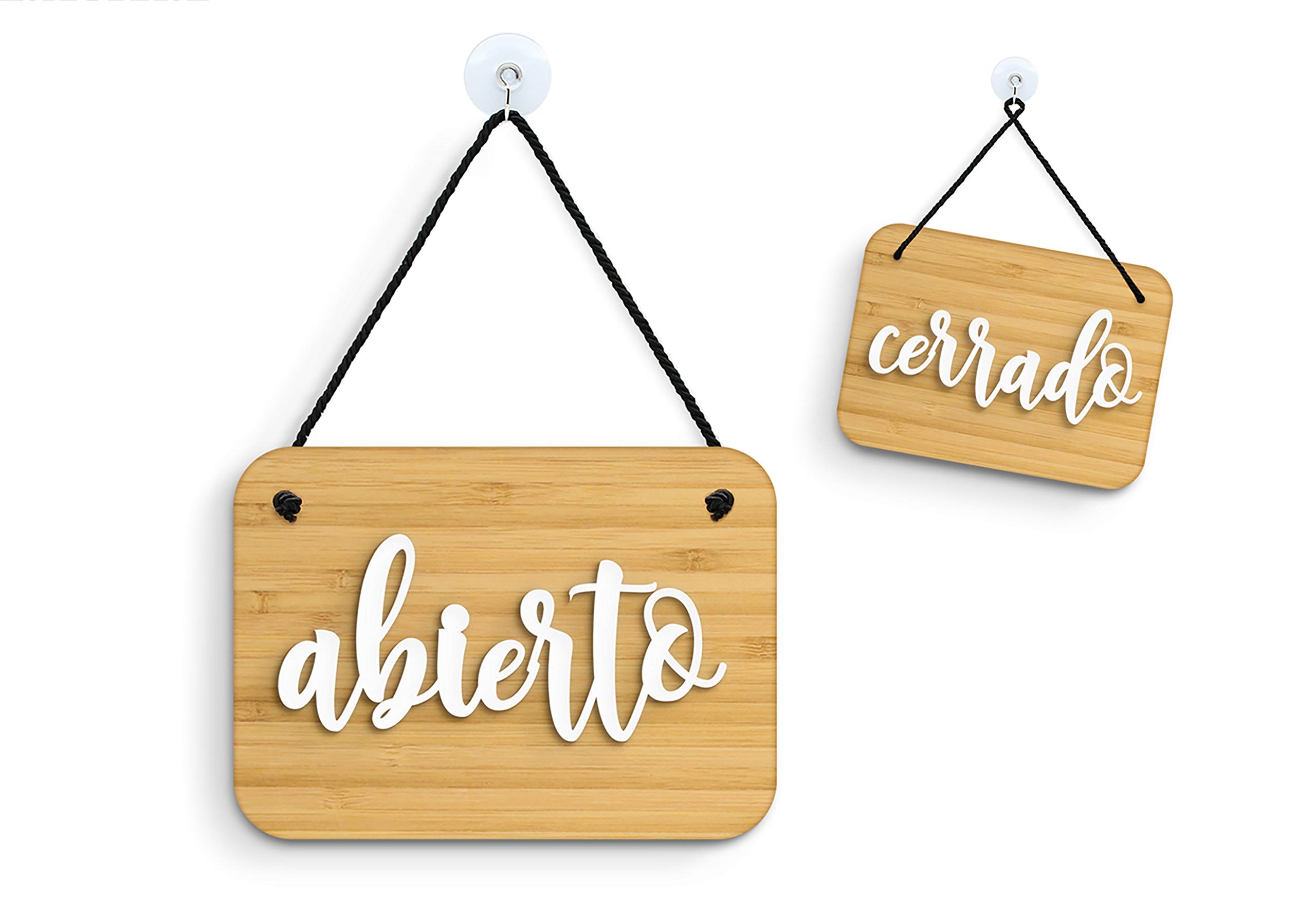 3DP Signs - Bamboo Shabby Chic Abierto/Cerrado Door Sign OC12 - Spanish Double Sided Hanging Door Plate - Reversible Open Closed Business Shop Window Sign for Bar, Pubs, Restaurants and Shops