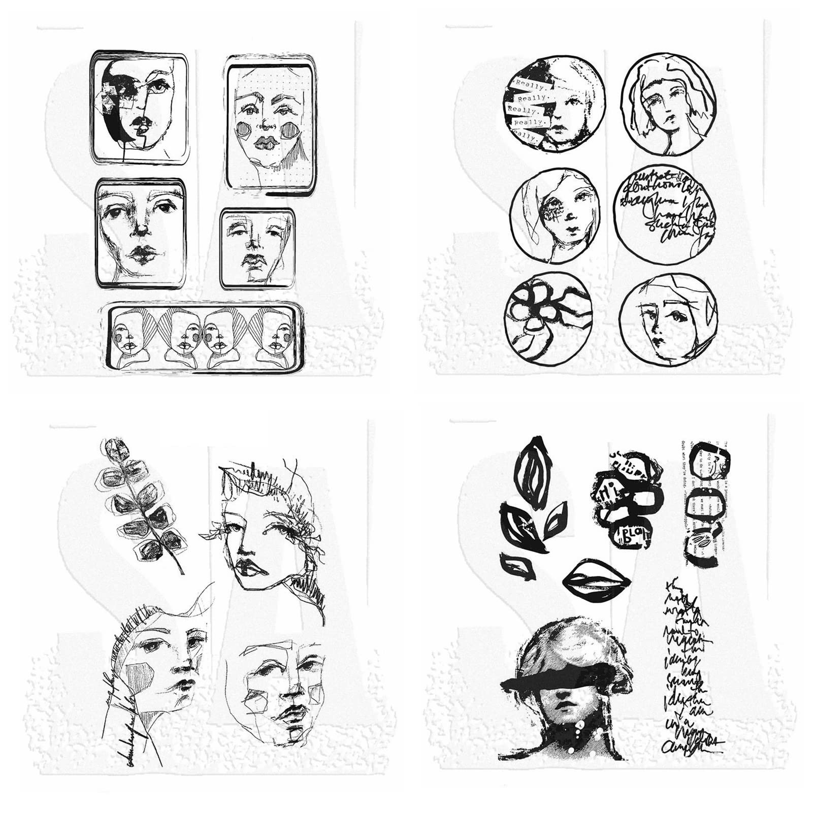 Art Abstracted Girls Faces Leaves Simple Creative Design 4 PCS Clear Silicon Stamps for DIY Scrapbooking Embossing Craft Gift Card Album Card-Making Christmas Decoration