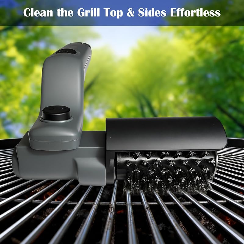 Elektrische Grillbürste Akkubetrieben – 180° Verstellbarer Kopf, 3-Stufen-Motor, 90 Min Laufzeit, Wasserdicht, Edelstahl & Nylon Bürstenköpfe für Grillrost, Smoker, Grillplatte (Grau)