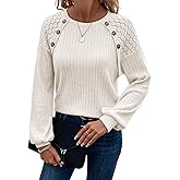 Spriolim Women's Sweaters Lace Long Sleeve Knit Top Button Crew Neck Loose Casual Blouse