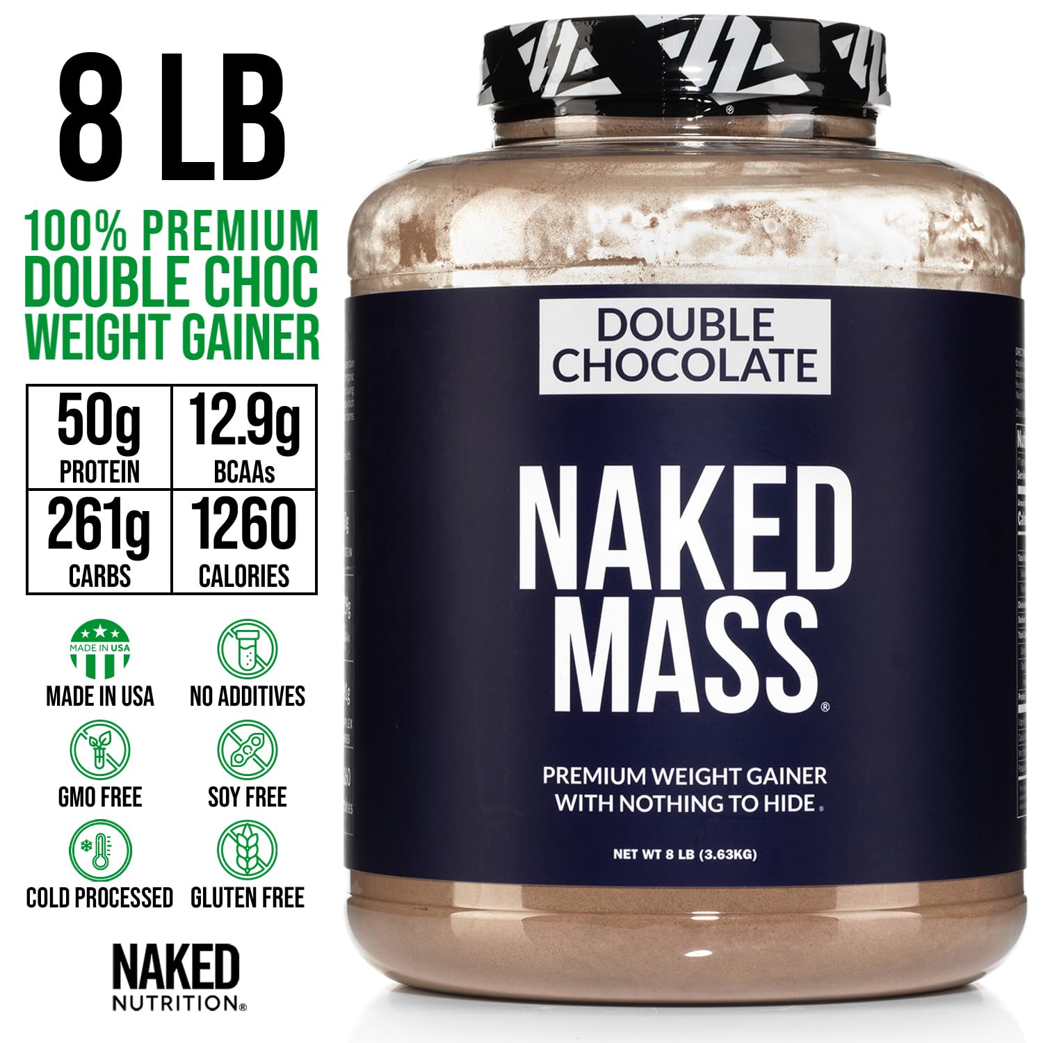 NAKED Double Chocolate Mass - 1,260 Calories, 50G Protein, Nothing Artificial. All Natural Weight Gainer Protein Powder - 8Lb Bulk, GMO Free, Gluten Free & Soy Free