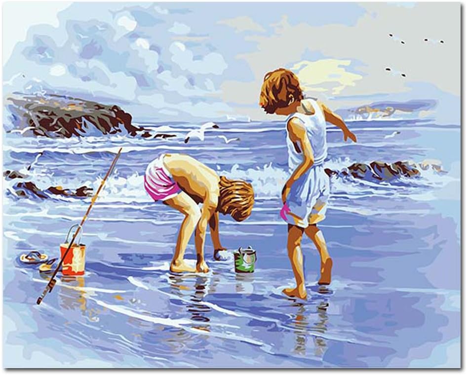 Mesno DIY Oil Painting ，Paint by Number Kit for Adults Kids-Summer Beach 16x20 inch [Framed Canvas]