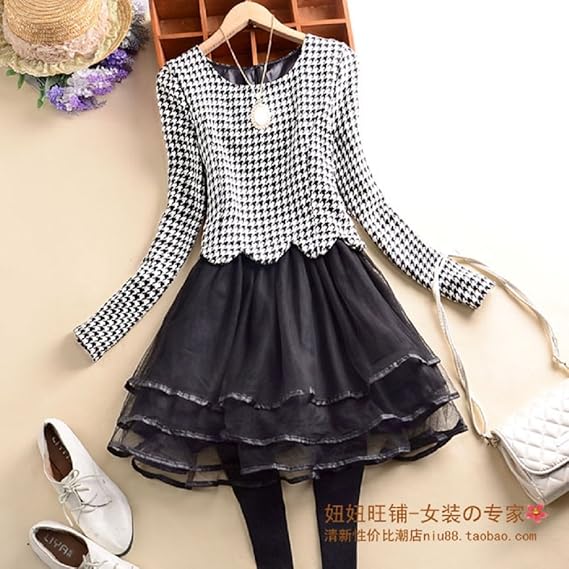 Amazon ラウンドネック シンプル 長袖 スリムウエスト ガーゼ ワンピース 千鳥格子 ワンピース チュニック 通販