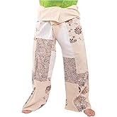 Jing Shop Cotton Wrap Pants – Patchwork Design, Adjustable Waist, Size L Long, Handmade in Thailand
