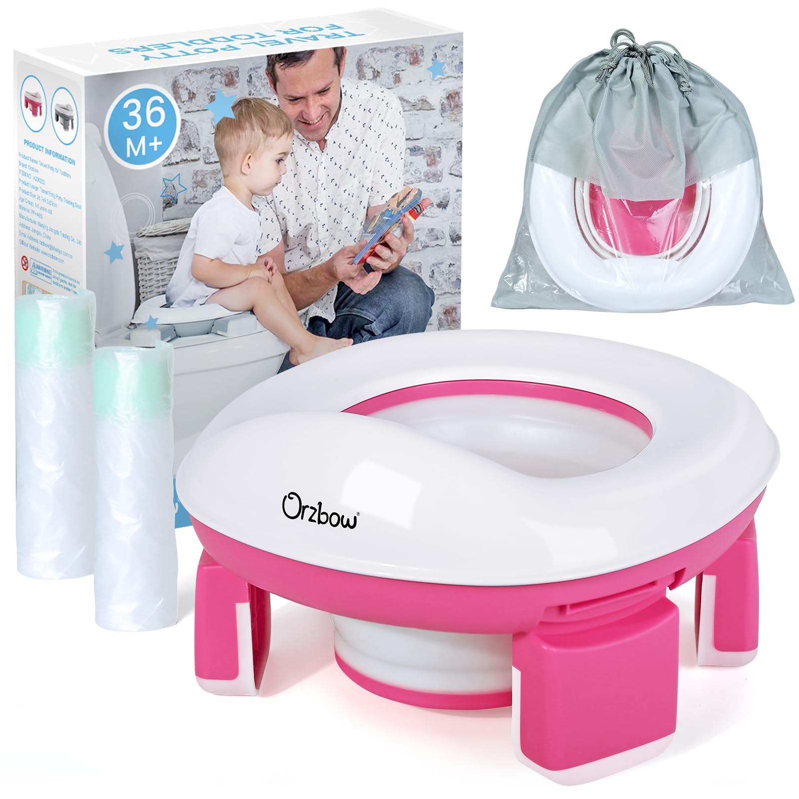 Orzbow Portable Potty for Toddlers, Travel Potty Training Toilet Seat with 4 Legs, Foldable Kids Toilet Seat with 40pcs Potty Bags, Detachable Carry Baby Potty with Splash Guard for Toddlers (Pink)