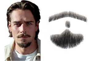 Bromobiz Fake Mustache, Natural Looking Human Hair Fake Beard, Handmade with Invisible Lace Fake Facial Hair for Entertainment/Drama/Halloween/Funny Cosplay (Black Fake Mustache)
