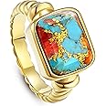 Phyonio Women's 14K Gold Plated Statement Rings Emerald Cut Teal Turquoise/Rose Quartz Crystal/Spiny Oyster Turquoise Signet Ring Stainless Steel Chunky Gold Rings Size 5-10