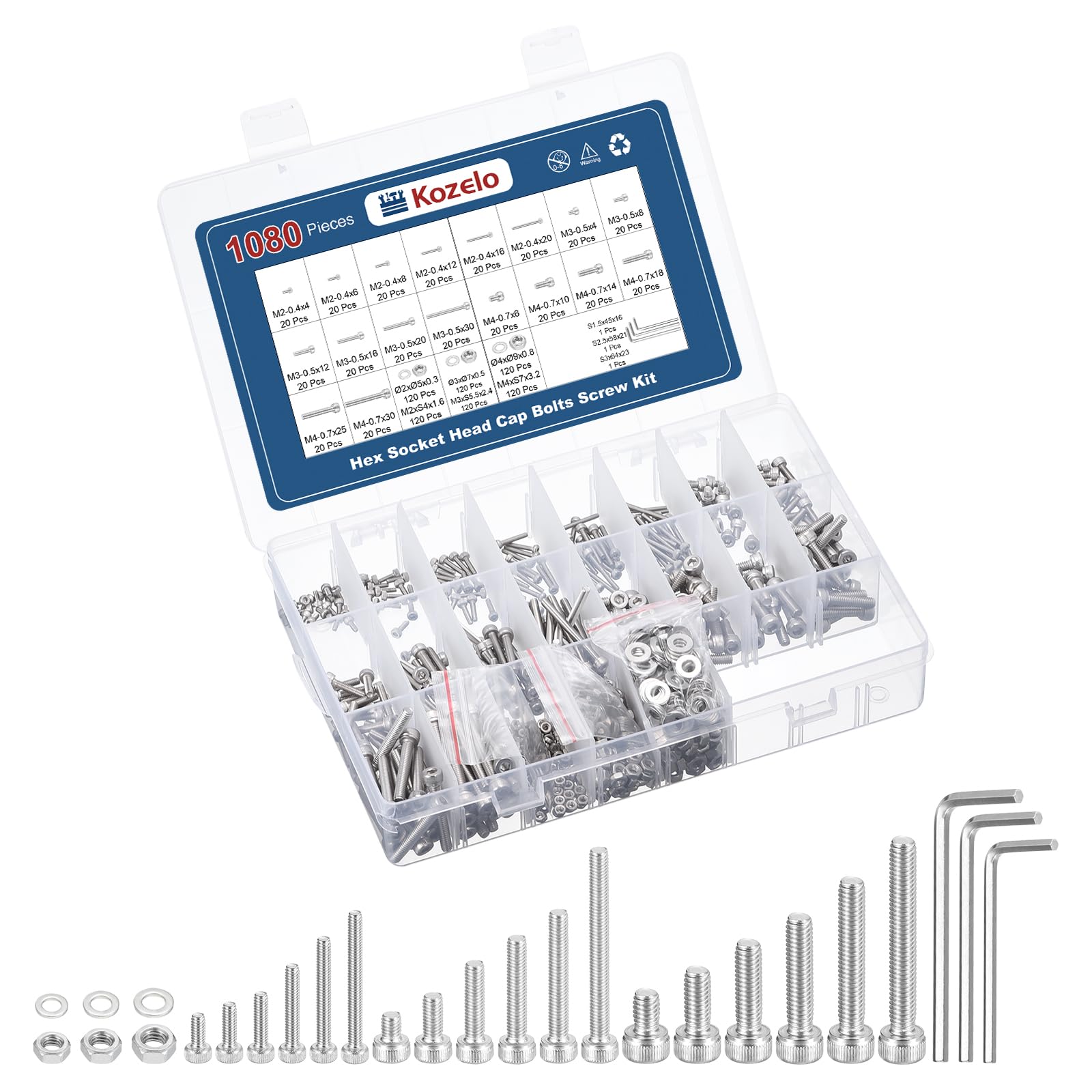 Kozelo 1080pcs Socket Head Cap Screws Bolts Nuts Assortment Kit - [M2/M3/M4] 304 Stainless Steel Allen Socket Drive for 3D Printer with Allen Wrench — image 1