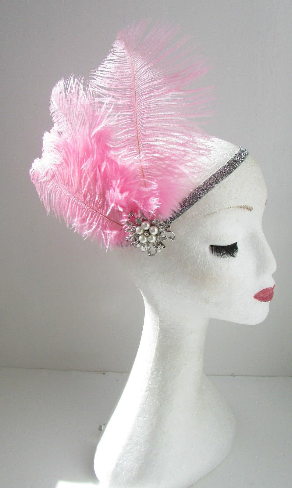Pink & Silver Feather Pearl Headpiece Great Gatsby Flapper Headband 1920s Y38 *EXCLUSIVELY SOLD BY STARCROSSED BEAUTY*