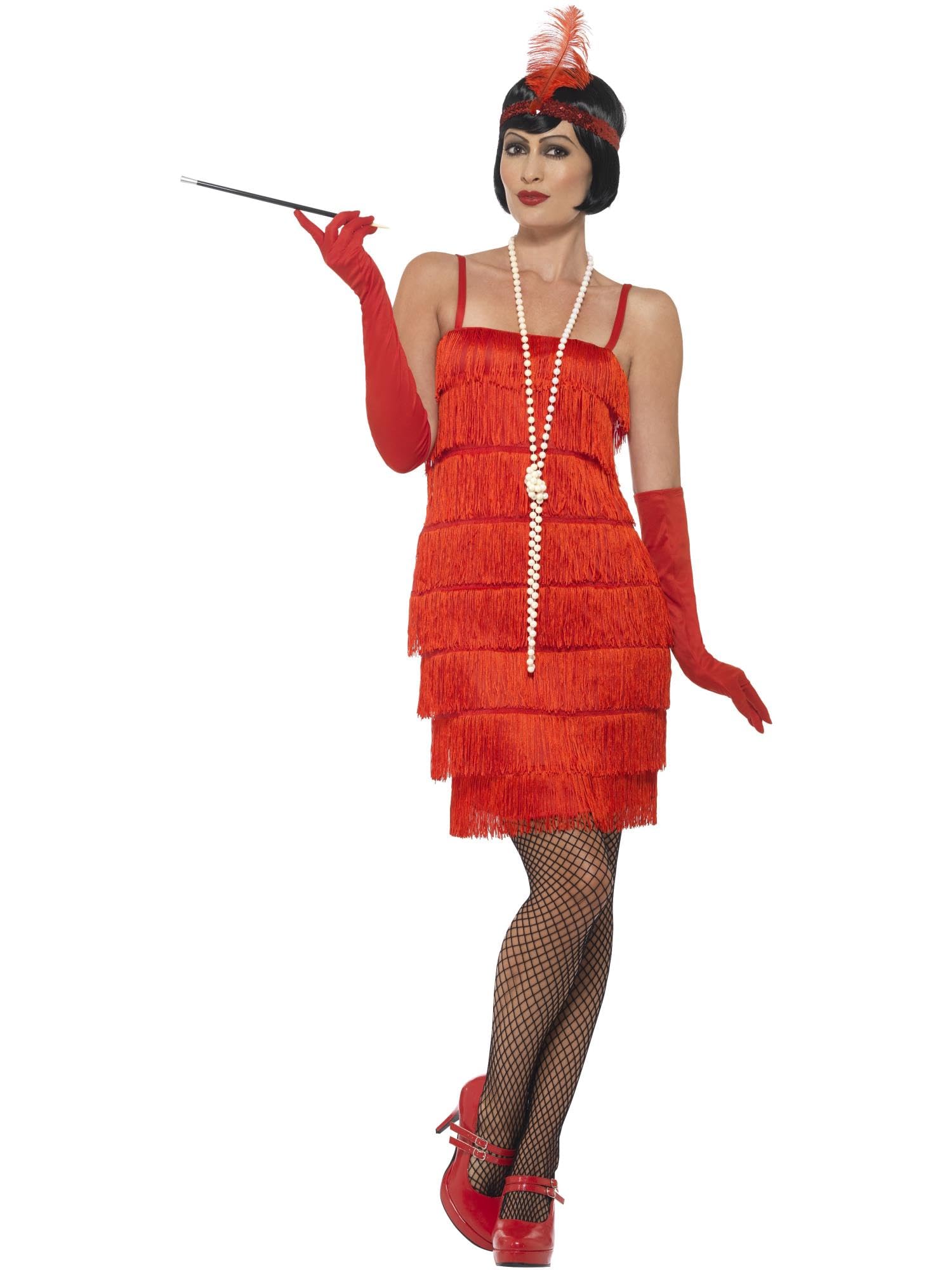 Smiffys Flapper Costume, Red with Short Dress, Headband & Gloves, 1920's Razzle Fancy Dress, Adult Dress Up Costumes