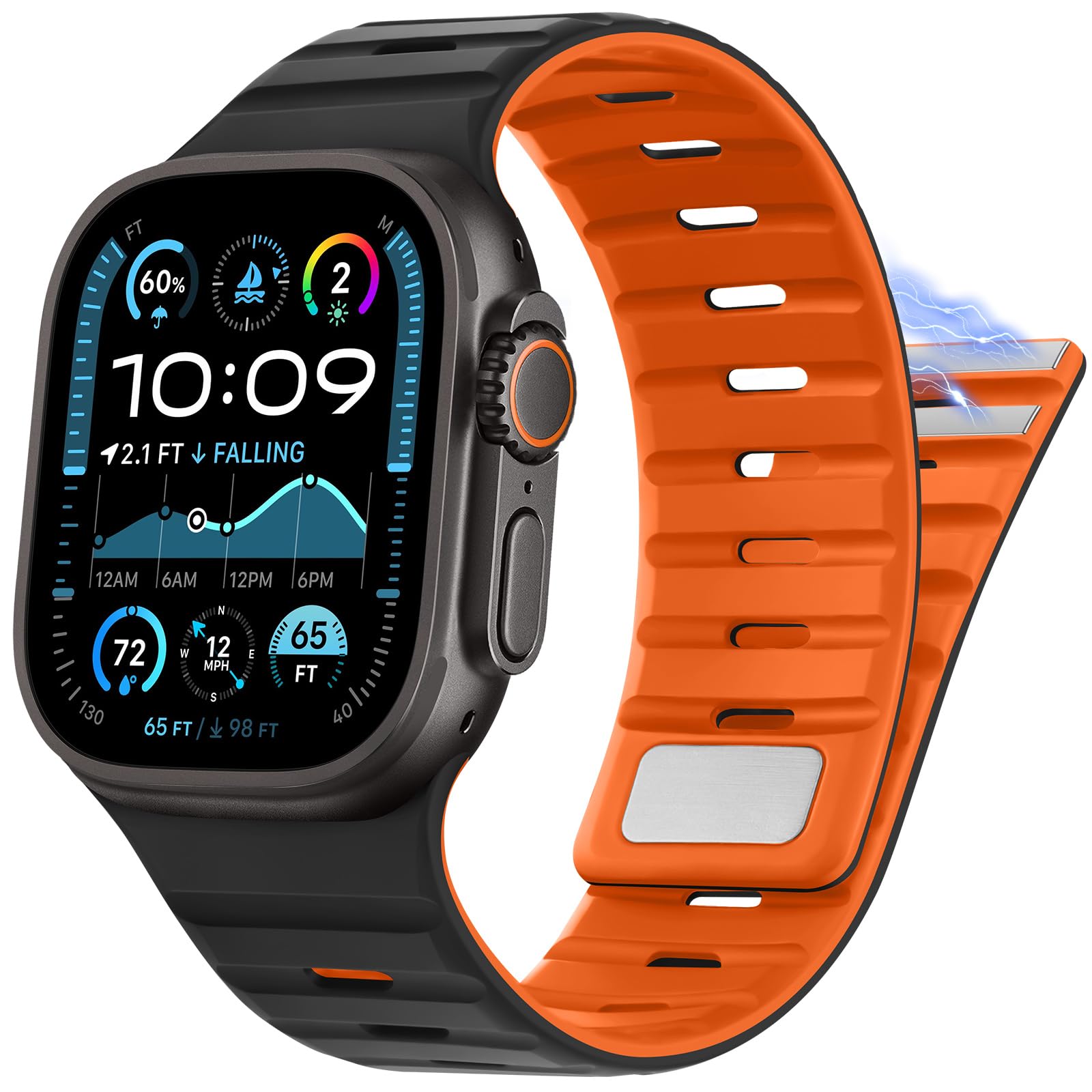 Suphart Compatible with Apple Watch Strap 49mm 46mm 45mm 44mm 42mm 41mm 40mm 38mm, Magnetic Silicone Sport Strap for Apple Watch Ultra 2 Ultra SE Series 10 9 8 7 6 5 4 (49/46/45/44/42, Black Orange