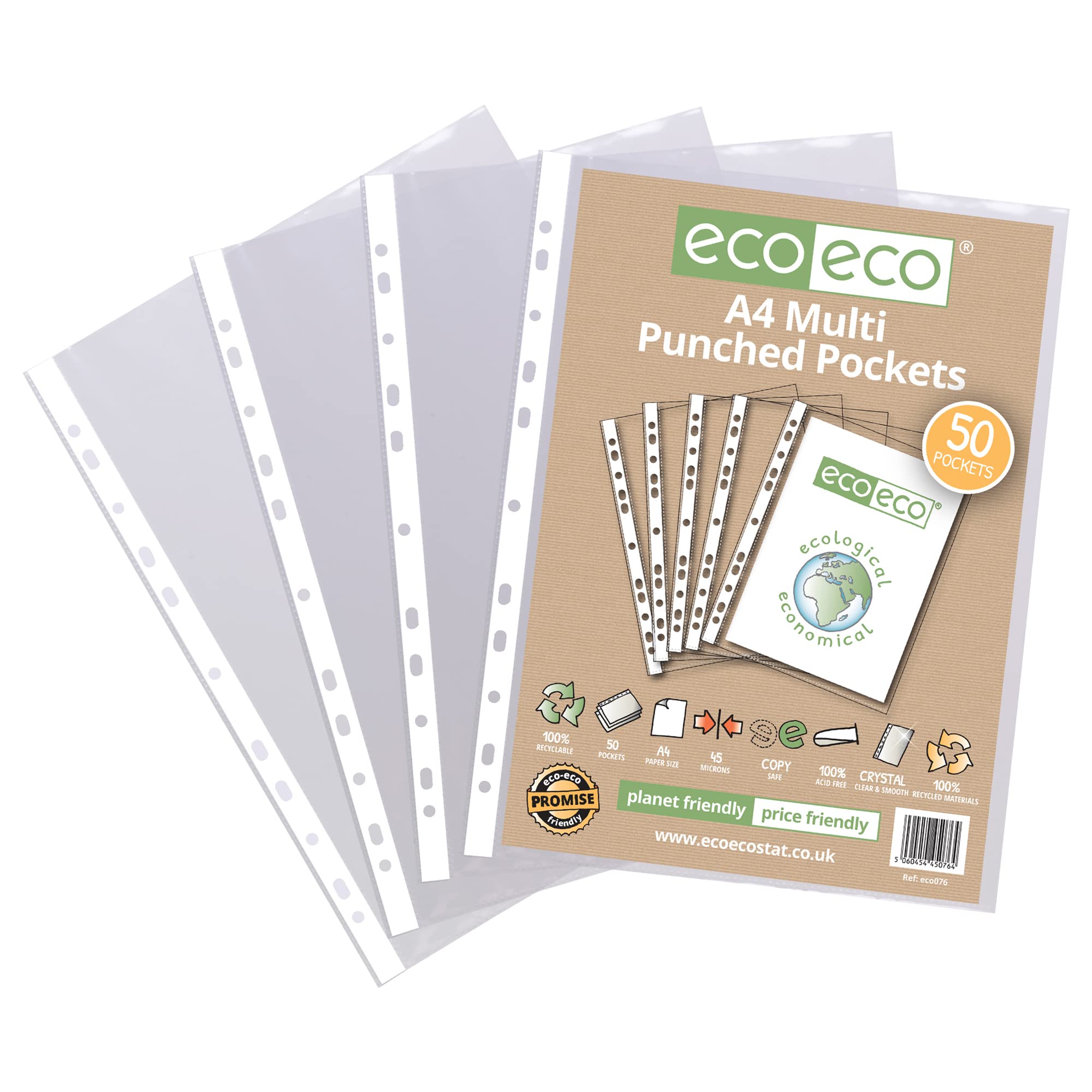 eco-eco A4 100% Recycled Multi Punched Pockets Glass Clear, Transparent Poly Wallet Sheet Protector, 45 Microns (Pack of 50), eco076