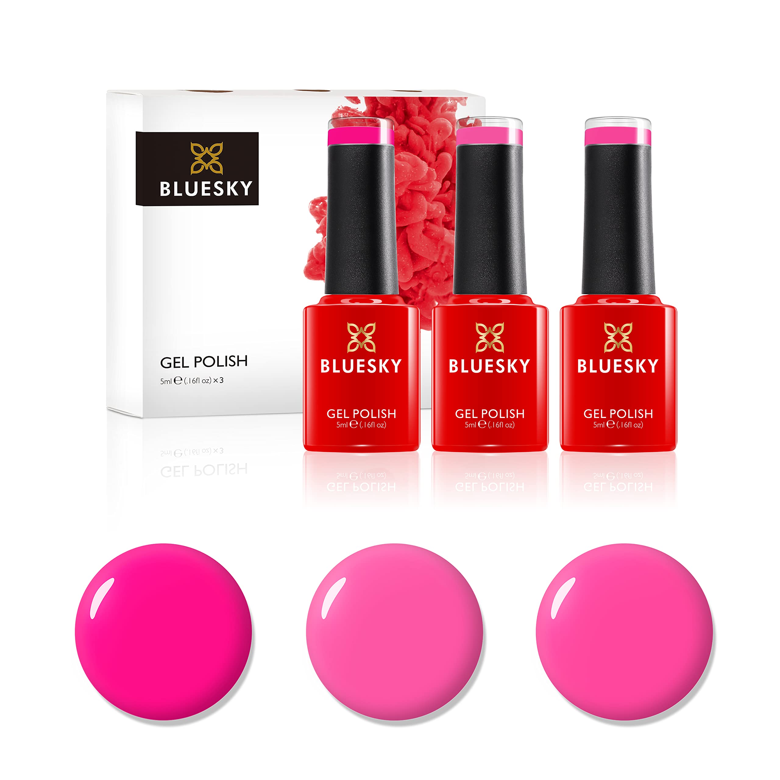 BLUESKY Gel Nail Polish Set, Hot Pinks. Orchid A075, Fantasy Pink Dc050, Peachy Pink Neon14. 3 X 5Ml. (Requires Curing Under Uv/Led Lamp)