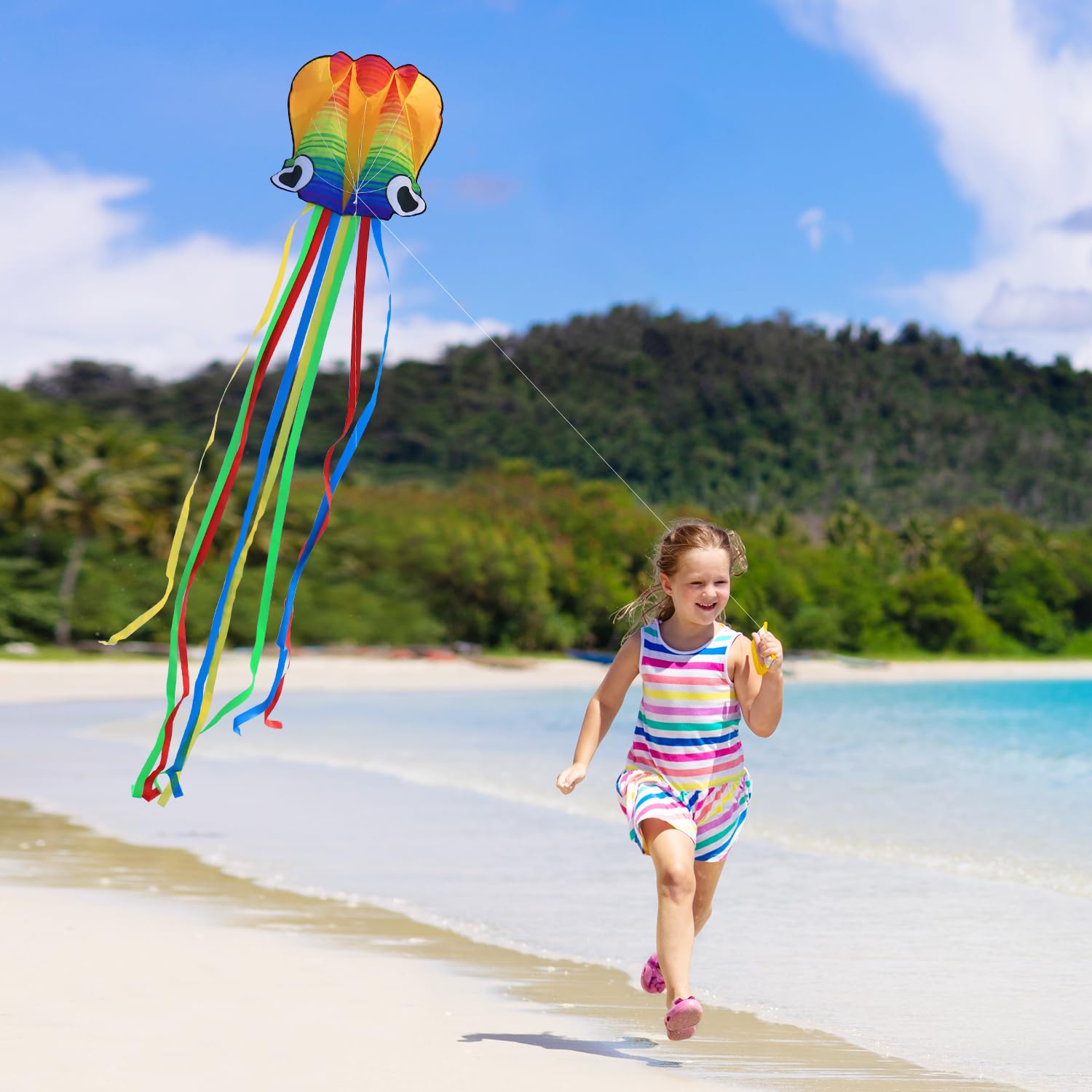 Xida Octopus Kite for Kids Ages 4-8, Professional Kites for Beginners and Adults, Easy to Fly Beach Kites for Boys and Girls, Long Colorful Tail with 200ft Line, Large Kite for Outdoor Family Games